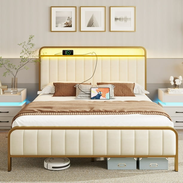 Rolanstar Bed Frame Queen Size with Charging Station and LED Lights