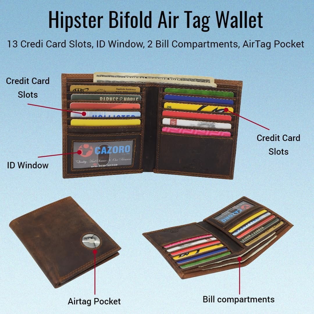 CAZORO AirTag Wallet for Men - RFID Blocking Vintage Leather Slim Hipster Bifold Wallet with Air Tag Holder Brown