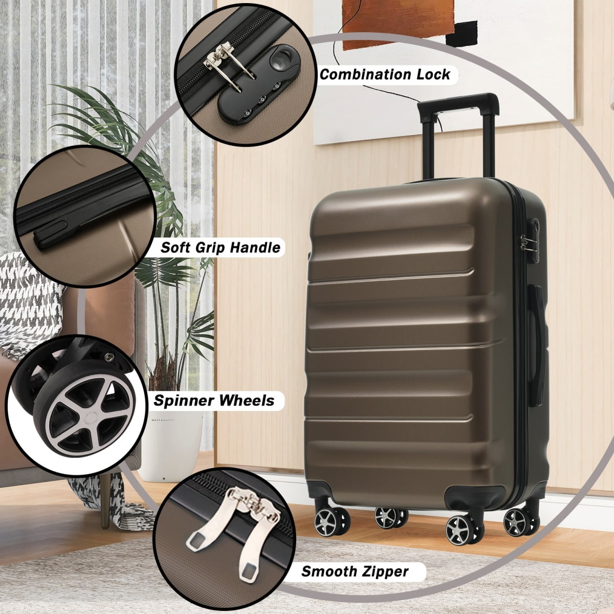 Hardshell ABS Luggage Set, 24-Inch Checked Suitcase with Spinner Wheels, Lightweight Travel Luggage with 2 Packing Cubes for Men & Women
