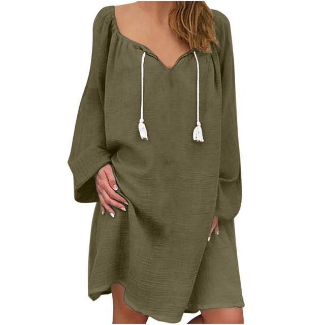 Vestido de mujer Vintage Casual Vestido con cuello en V Manga larga Suelto con flecos Midi Vestido Pompotops ghjkhdj17328