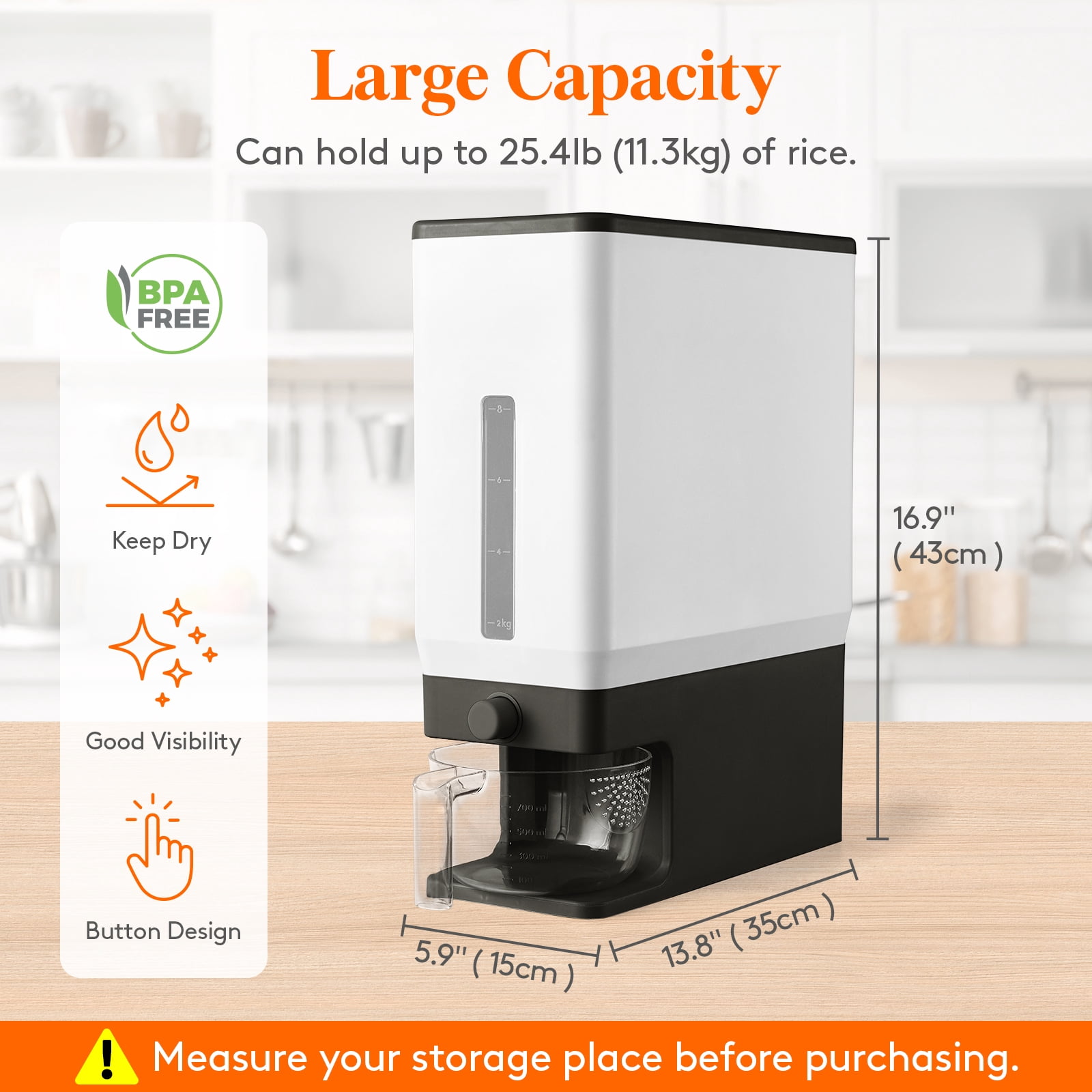 Leaglojoy Rice Dispenser 25 lbs 2 Pcs, Rice Storage Container Moisture Proof, Cereal Dispenser for Pantry, BPA-Free