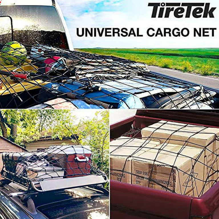  TireTek Cargo Net for Pickup Truck Bed - 4' x 6' Stretches to  8' x 12' - Heavy Duty Small 4”x4” Latex Bungee Net Mesh w/ 12 Metal  Carabiners - Truck