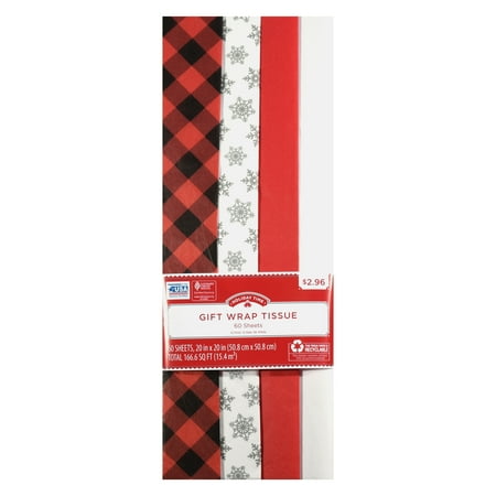 Gift Tissue Paper Assortment 60 Sheets of Solid, White, Snowflakes and Plaids