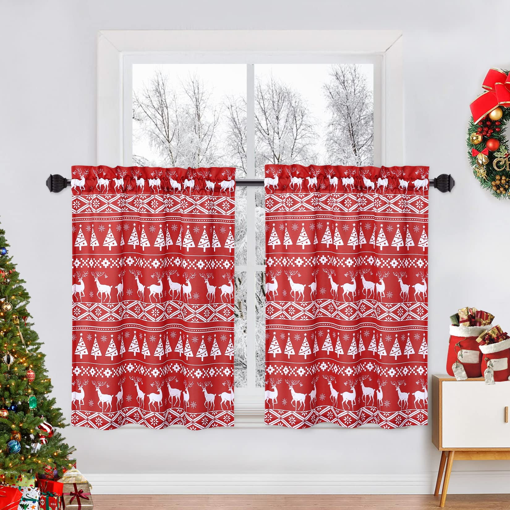 CAROMIO Christmas Kitchen Curtains Tree and Deer Pattern 36 inches Boho