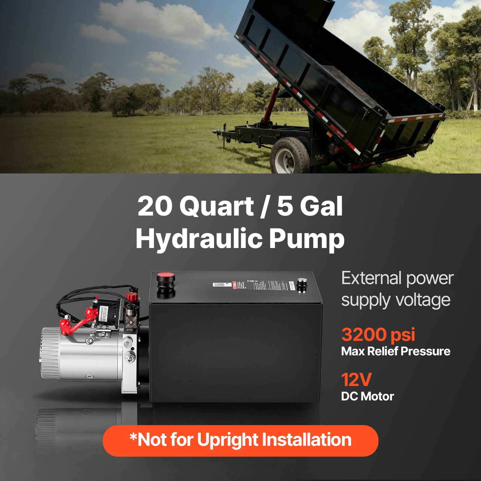 KFFKFF 20 Quart Hydraulic Pump, Double Acting Dump Trailer Unit, 3200 PSI Max Pressure & 0.91 GPM Flow Rate, DC 12V Hydraulic Power System for Dump Trailer and Vehicle Lifting (Horizontal Setup)