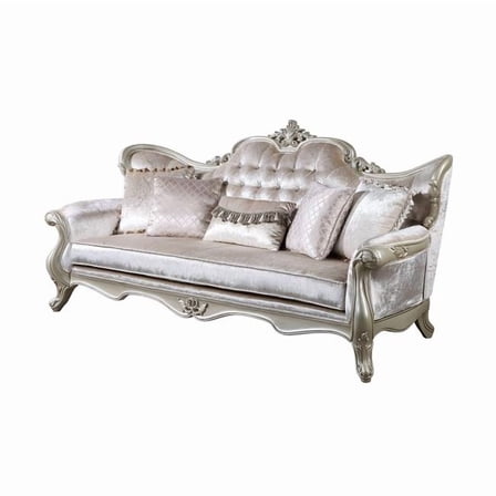 Kerra Sofa with Accent Pillows, Beige Fleur De Lis Velveteen 97 Inch