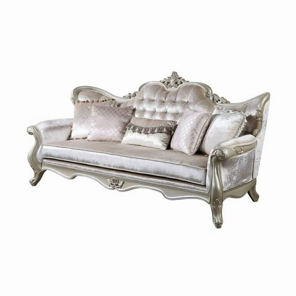 Kerra Sofa with Accent Pillows, Beige Fleur De Lis Velveteen 97 Inch
