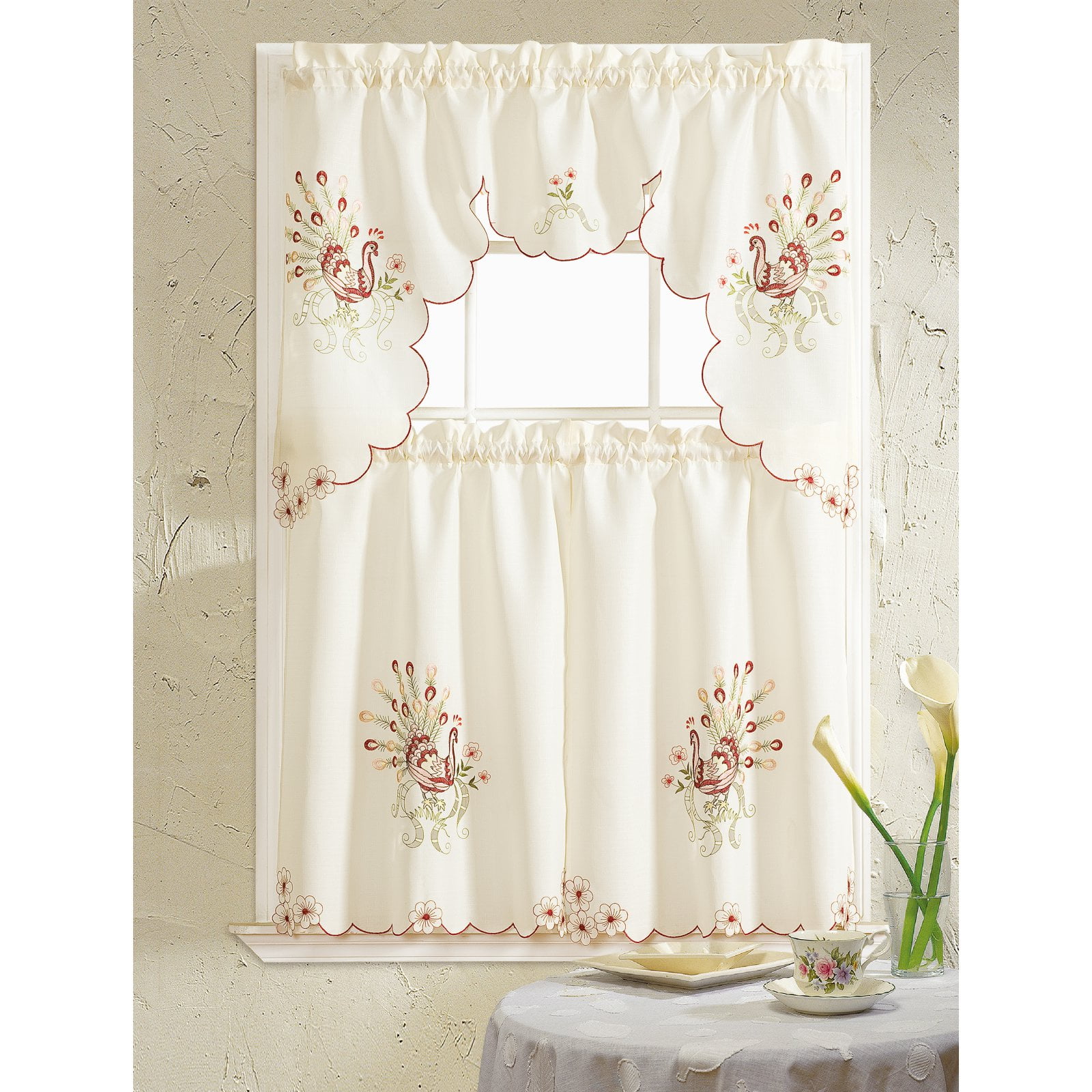 Peacock Embroidered Tiers and Valance Kitchen Curtain Set, Red