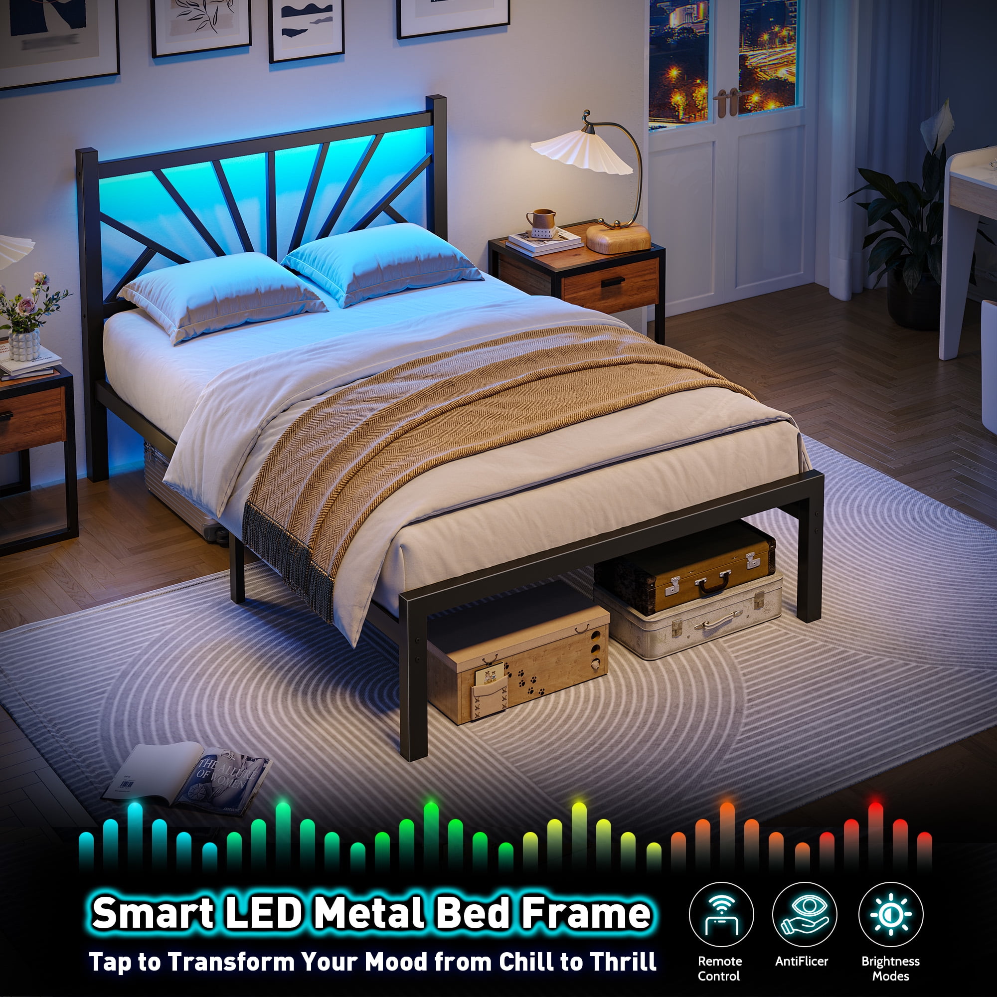 Twin Size Metal Bed Frame with Headboard Metal Platform Bed Frame with LED Lights Bed Frame Twin with Storage Underbed, Noise Free, No Box Spring, Black