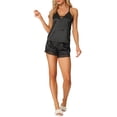 thumbnail image 2 of Conjuntos de pijama de satén para mujeres Inspire Chic para el Día de la Madre, lencería con encaje, camisetas sin mangas con pantalones cortos, ropa de dormir de escote en V, XS, negra, 2 of 6