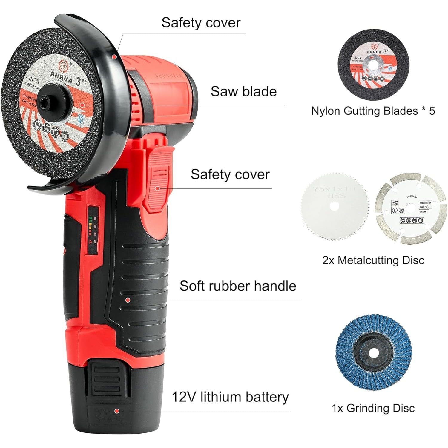 LithiCraft  3 Inch Brushless Angle Grinder Tool, Brushless Motor  12V Cordless Portable Angle Grinder with 2pcs 1500mAh Battery, 19500rpm Handheld Cutter for Polishing Ceramic Tile Wood Stone Steel