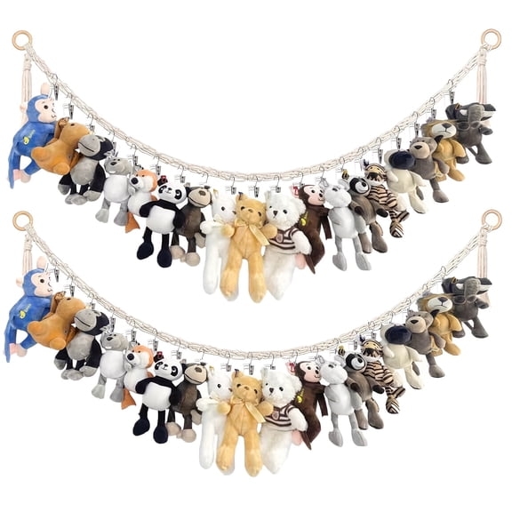 2 Pcs Stuffed Animal Storage Hanging Chains with 40 Metal Clips, Bohemian Wall Storage Organizer for Playroom Decor, Bedroom Toy Organization & Wall Decor Bedroom Hats Socks Cards