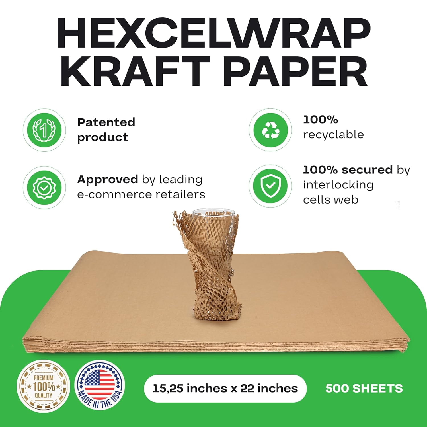 IDL Packaging 15.25" x 22" Honeycomb Kraft Packing Paper Sheets (Pack of 500), Brown – USA-Made Eco-Friendly Bubble Wrap Alternative for Shipping, Moving, Storage