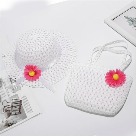 

〖TOTO〗Kids Hats Caps Summer Baby Girls Children Straw Hats Beach Sunhat Cap+Woven Bag Outfits Set