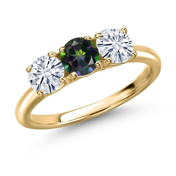 Gem Stone King 10K Yellow Gold Green Mystic Topaz and White Moissanite Engagement Ring for Women | 1.55 Cttw | Round 5MM | Gemstone November Birthstone | Size 5
