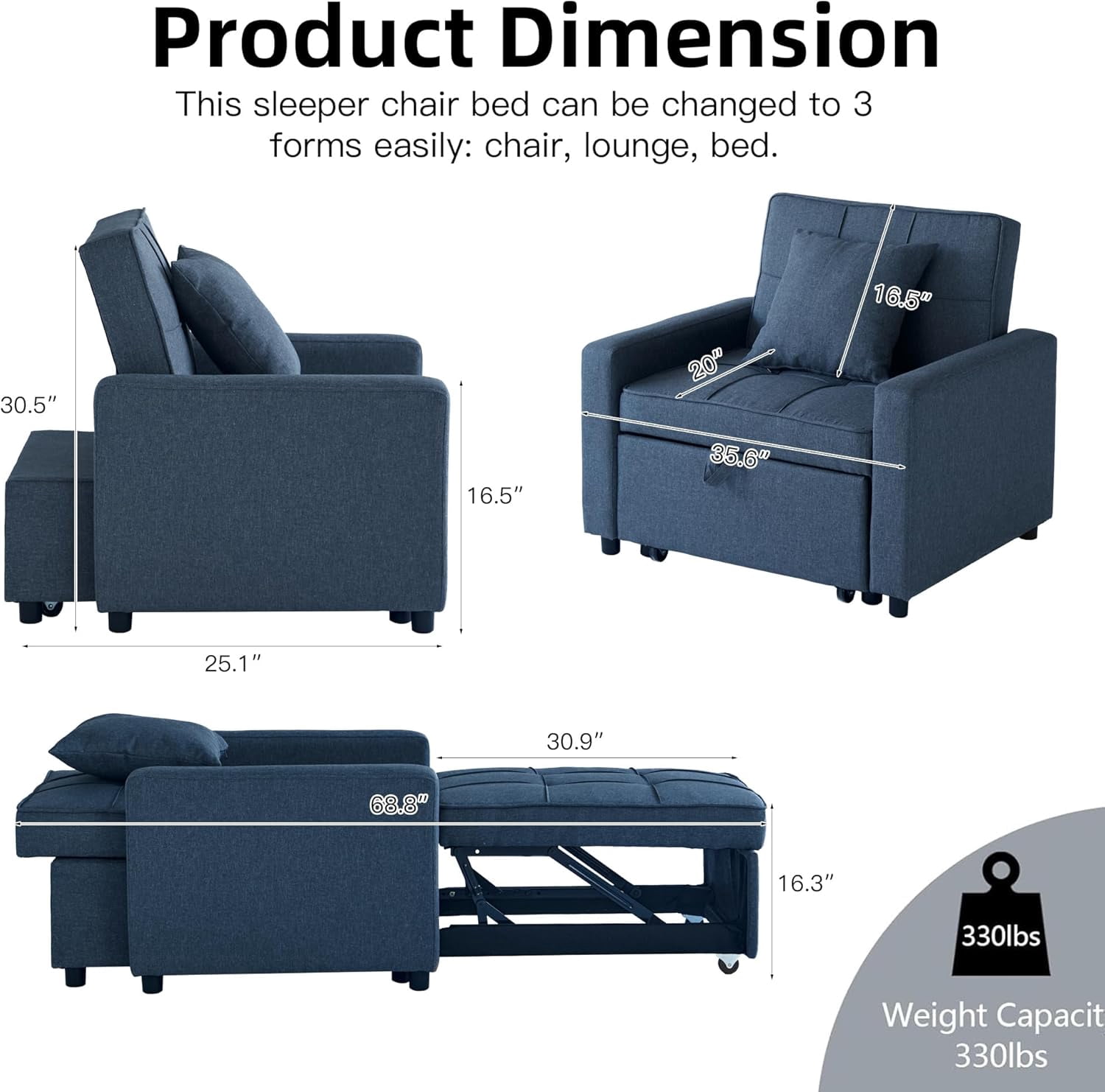 Gewnee 3-IN-1 Folding Sofa Bed Chair,Converts to Guest Bed & Office Chair,Adjustable Backrest,Wheels & Handle,Space-Saving for Apartment,Small Room,Office.Navy Blue