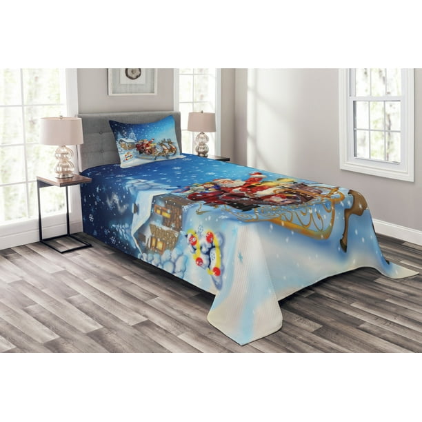 Christmas Bedspread Set Santa In Sleigh With Reindeer And Toys In Snowy North Pole Tale Fantasy Image Decorative Quilted Coverlet Set With Pillow Shams Included Navy Blue By Ambesonne Walmart Com