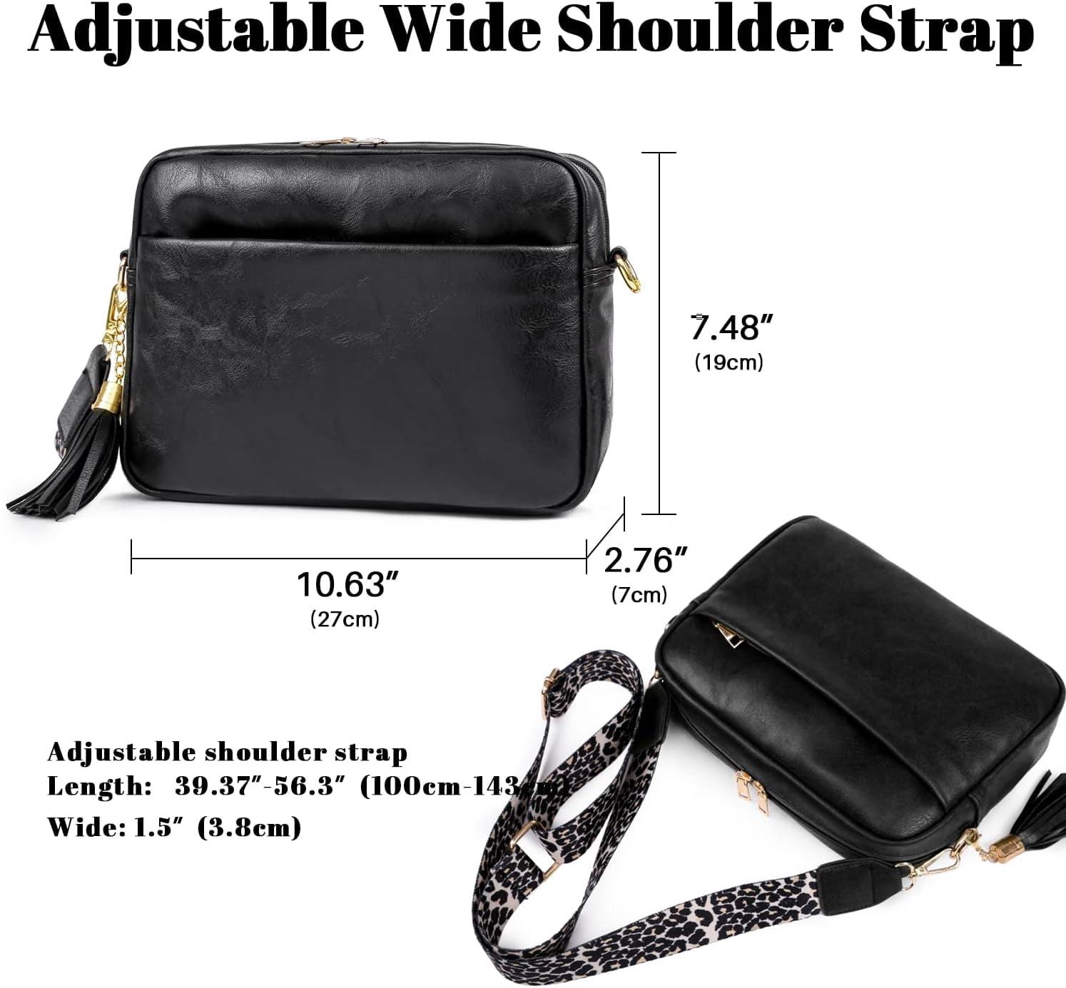 Crossbody Bag for Women Vegan Leather Shoulder Purse with Leopard Adjustable Strap Midsize Zipped Handbag