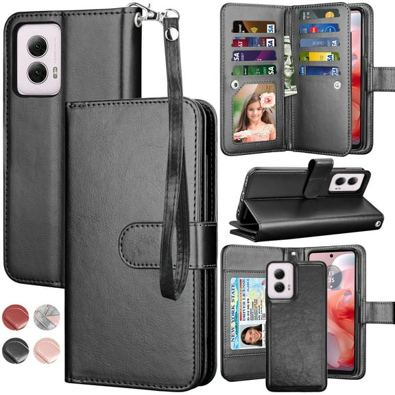 For Moto G Power 5G 2024 Case, Motorola Moto G Power 5G 2024 Leather Wallet Case with Card Holder and Lanyard for Women Men, eBizWare Magnetic Flip Detachable Phone Cover - Black
