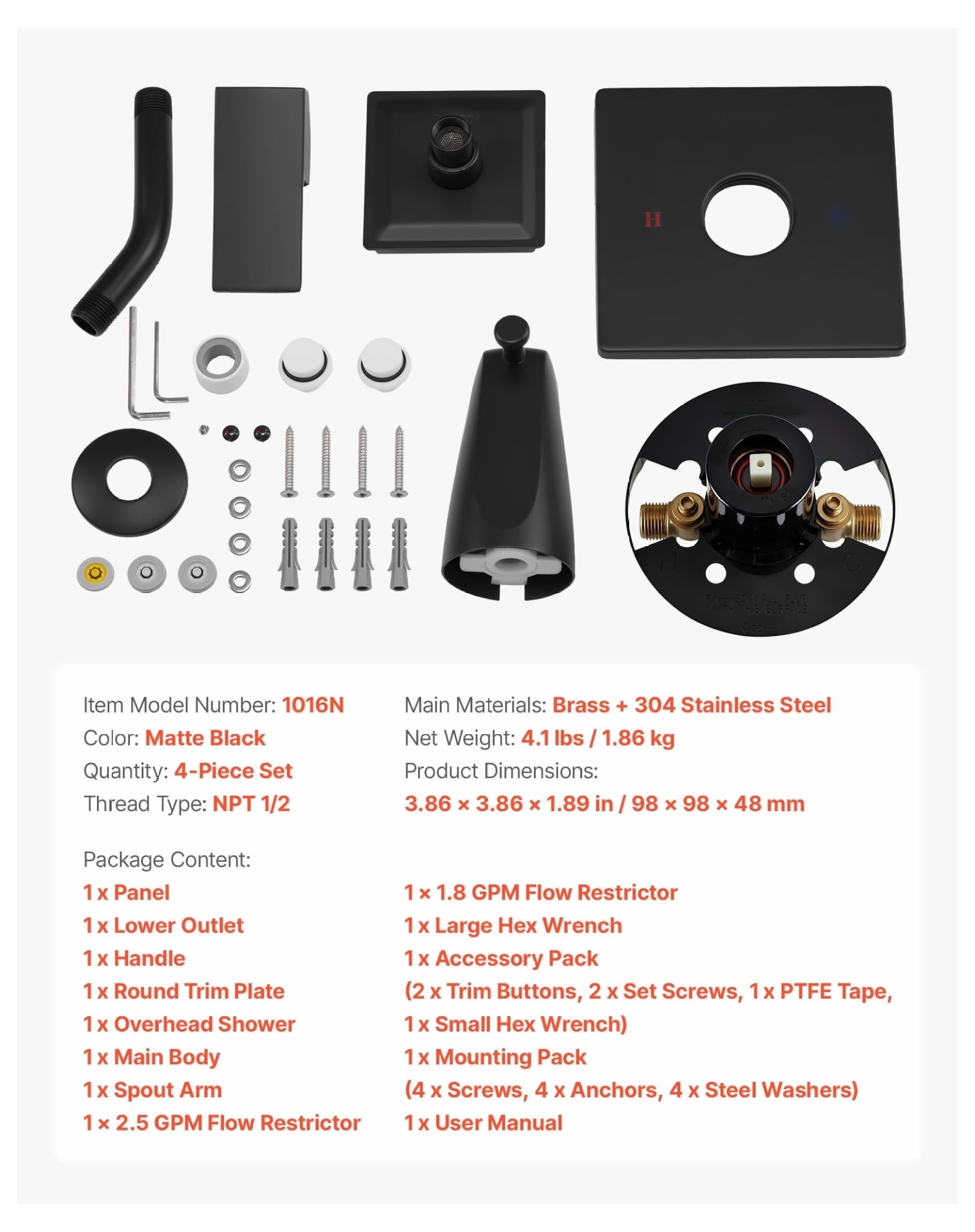 Tub & Shower Faucet Set, 4-Inch Rainfall Shower Head, Bathtub Spout, Matte Black