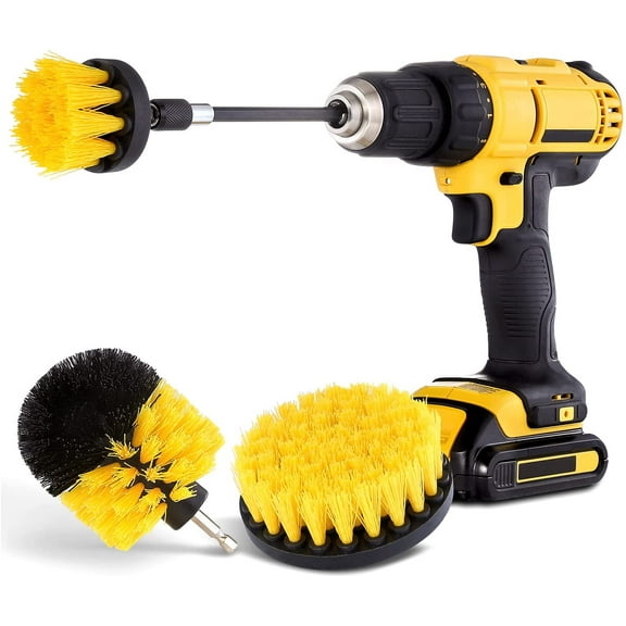 Drill Brush Attachment Set, Yellow, Plastic Handle, 3 Sized Brush Heads for Cleaning Bathtub, Shower, Floor, Carpet, Kitchen, Bathroom, and More
