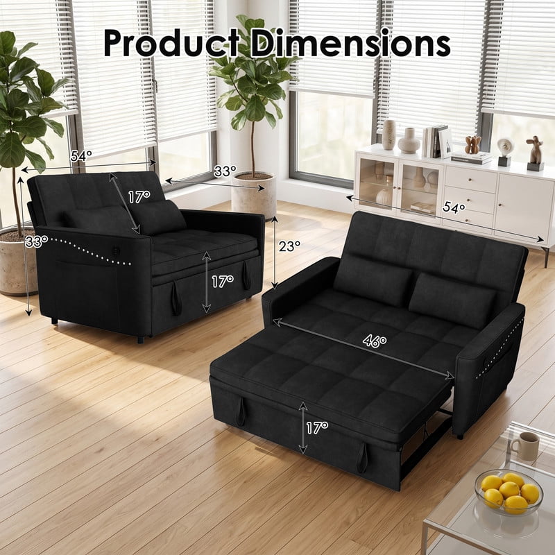 Anpport 54" 3‑in‑1 Convertible Sofa Bed, Sleeper Couch with USB Charging Port, Nailhead Trim & Throw Pillows, Loveseat for Living Room Apartment Small Space, Black
