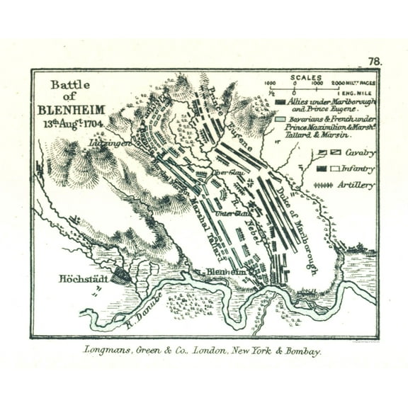 Historic War Map - Blenheim Germany Battle 1704 - Gardiner 1902 - Vintage Wall Art