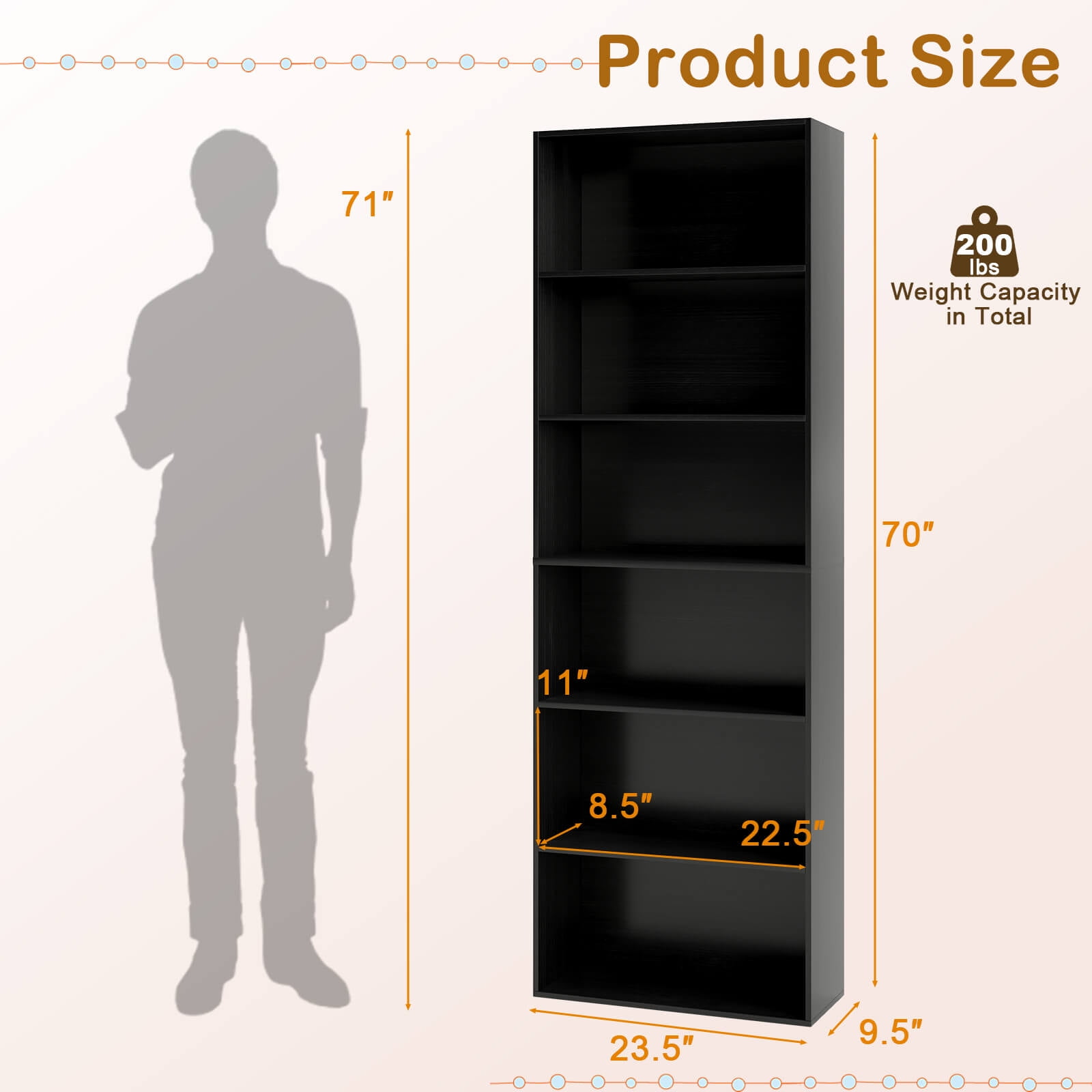 Costway 70" Tall 6-Tier Bookcase with 6 Open Shelves Anti-Toppling Kits for Living Room Black