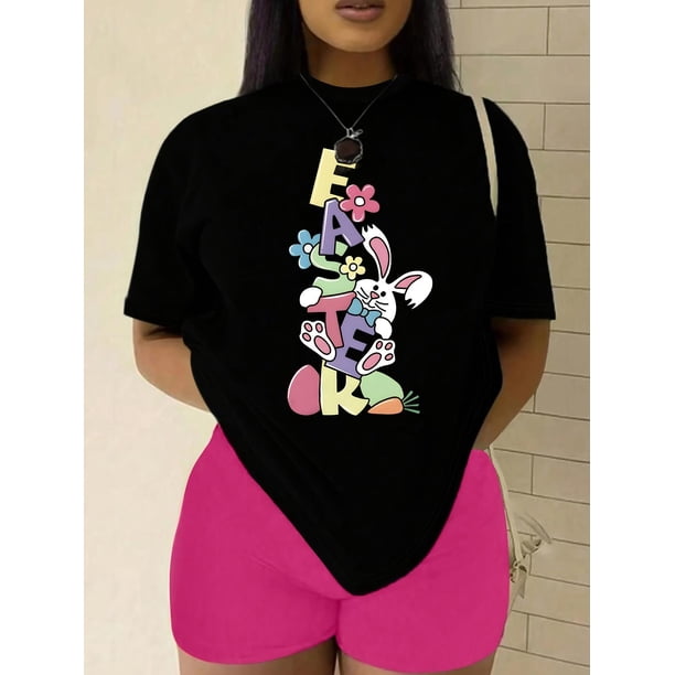Camiseta de verano para mujer con Cuello RedondoWomen's Easter Bunny Graphic T-Shirt - Casual Black Crew Neck Short Sleeve Top, Soft, Vibrant ColorCamisetas de verano para mujer, manga corta, cuell