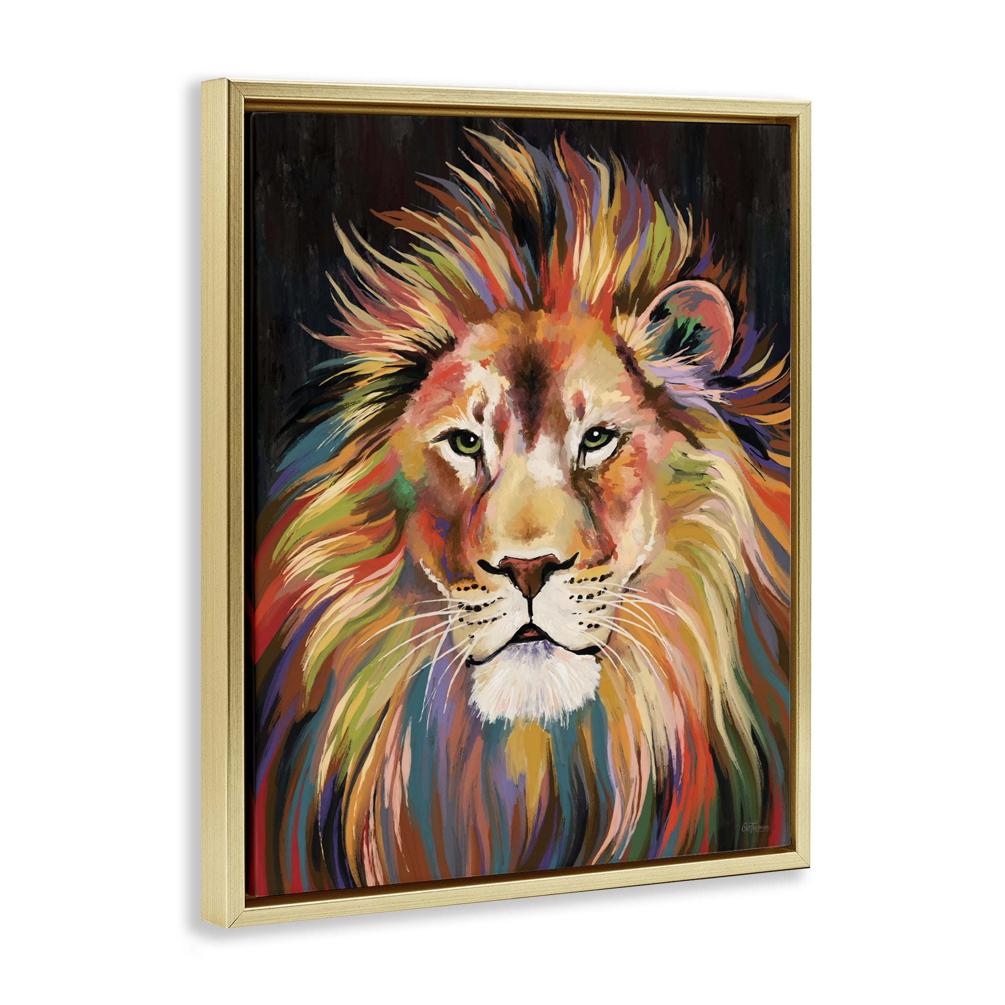 Stupell Industries Vibrant Majestic Rainbow Lion Gold Framed Floater Canvas Wall Art, design by Cat Thurman Designs