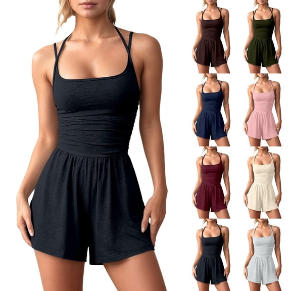 DHFJKG Workout Rompers Women Tummy Control Athletic Running Onesie Spaghetti Strap Square Neck Short Jumpsuits Gym Clothes