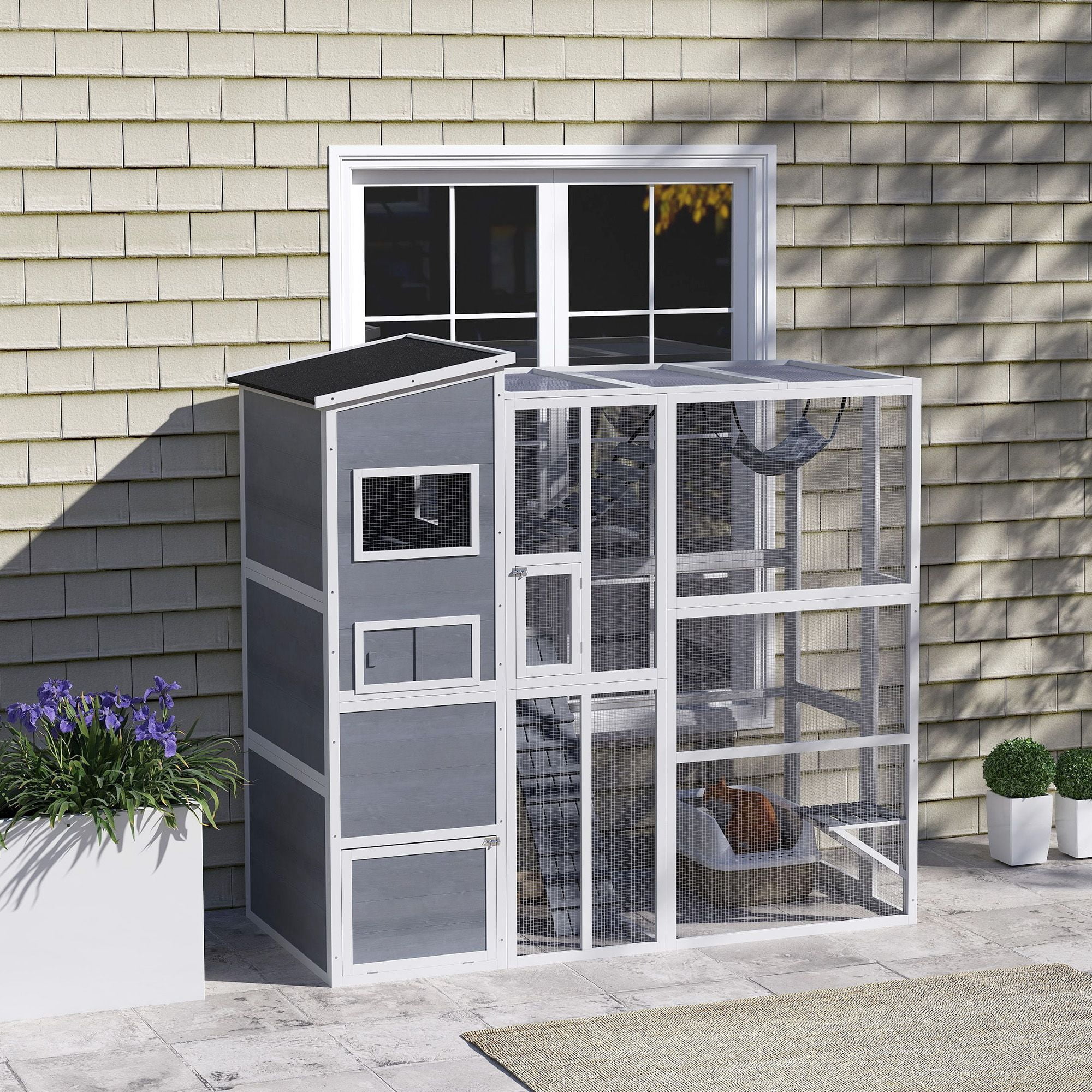 PawHut Large Outdoor Catio Enclosure, 76"W x 67.9"H Gray Fir Wood Cat Patio with 4-Tier House, Ramps, Hammock & Platforms for Backyard, Garden, and Secure Pet Play Space