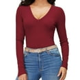 thumbnail image 4 of Long Sleeve Shirts for Women V Neck Ribbed Knit Fitted Fall Basic Tshirts Going Out Tops 2025 Casual Trendy Clothes Y2k Fall Outfits for Women Lightweight Undershirts, 4 of 8