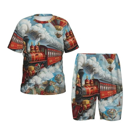 Luyuia Red Train Hot Air Balloon Print Girls  2-Piece Tie-Dye Pajama Set  Cute Summer Loungewear with Shirt and Tank Shorts Nightwear-3X-Large