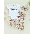 thumbnail image 3 of 3Pcs Baby Girl Spring Outfits, Short Sleeve Romper + Floral Cow Print Flare Pants + Headband Set, 3 of 9