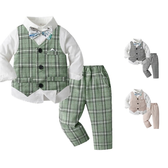 Toddler Boys 3 Pieces Clothing Set Long Sleeve T Shirt Tops Plaid Vest Coat Pants Child Gentleman Outfits Set Size 2-3T ,Green