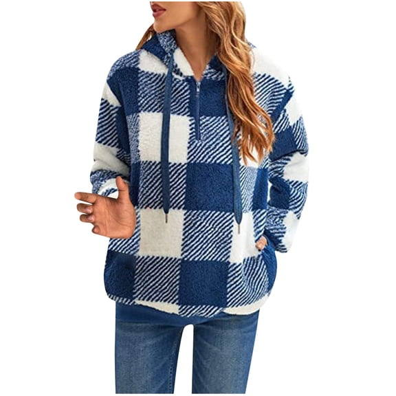 Giftesty Womens Tops Plus Size Women's Fashion Casual Colorful Pullover Round Neck Hooded Plaid Long Sleeve Plush Top