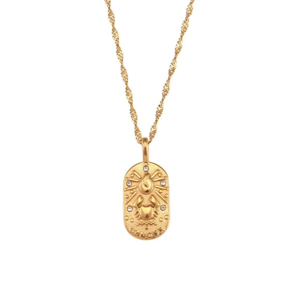 HIJONES Gold Plated Zodiac Sign Pendant Necklace for Women 12 Constellation Cubic Zircon Pendant Stainless Steel Link Chain Cancer