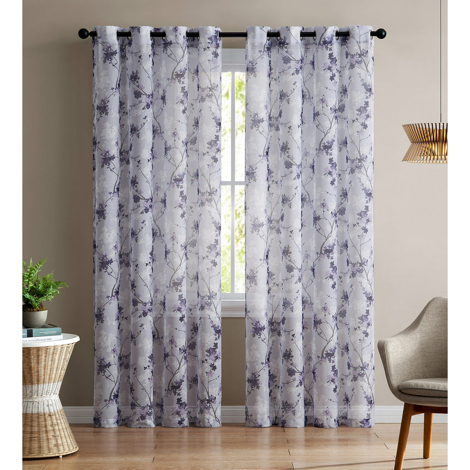 Jasmine 2 Pack Printed Floral Sheer Grommet Panel Purple Plum