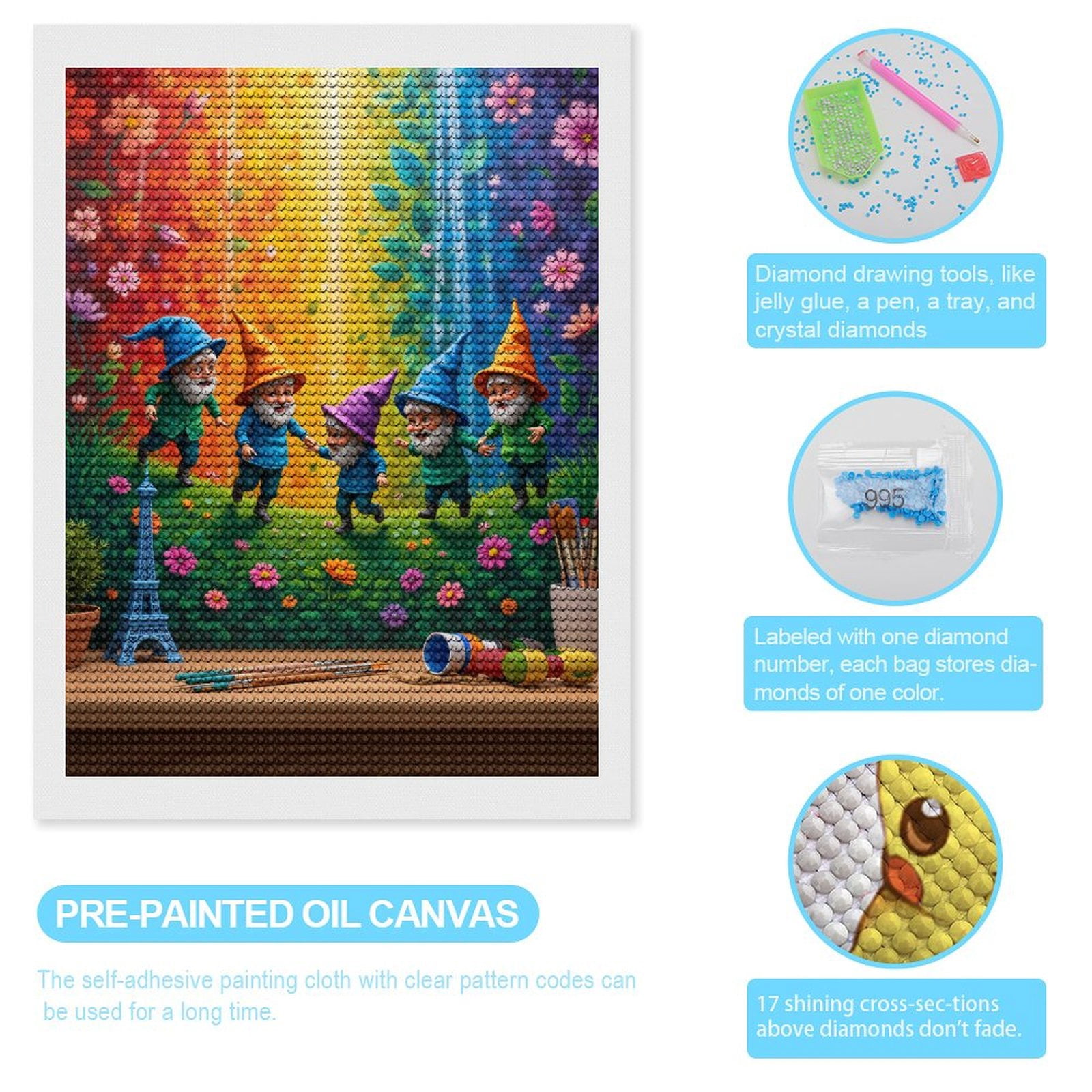 Diamond Art Kits for Adults, Garden Gnomes Rainbow Fun Scene 5D Diamond Painting Kits for Adults Beginners, DIY Full Drill Diamond Painting, Gem Art and Crafts 12x16