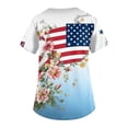 thumbnail image 3 of Iaqnaocc 4th of July Scrubs for Women USA Flag Floral Print Nurse Working Uniforms Trendy V Neck Side Slits Scrub Shirt Holiday Short Sleeve Tees Blouse with Pockets Light Blue 3XL, 3 of 4