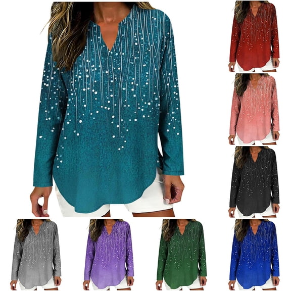 FRSASU Womens Spring Summer Dress Shirts Long Sleeve Blouses V Neck Fashion Printed Casual Tunics Tops Red