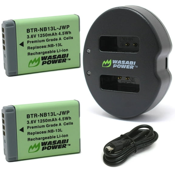 wasabi power battery (2-pack) dual charger for canon nb-13l, powershot g1 x mark iii, g5 x, g5 x mark ii, g7 x, g7 x mark ii, g7 x mark iii, g9 x, g9 x mark ii, sx620 hs, sx720 hs, sx730 hs, sx740 hs