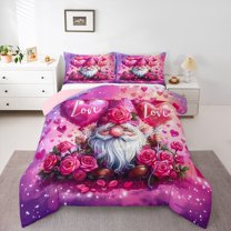 Feelyou Pink Gnome Queen Comforter Set, Romantic Anniversary Rose Bedding Set, 3pcs