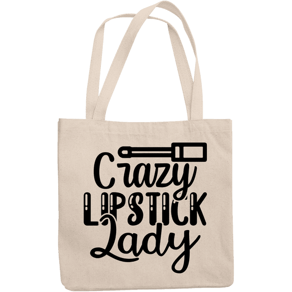12oz Canvas Tote Bag - Crazy Lipstick Lady with Liquid Lipstick Applicator Design - Beauty Themed Merch for Makeup Artist or Cosmetologist, Gift for Makeup Lovers & Beauticians