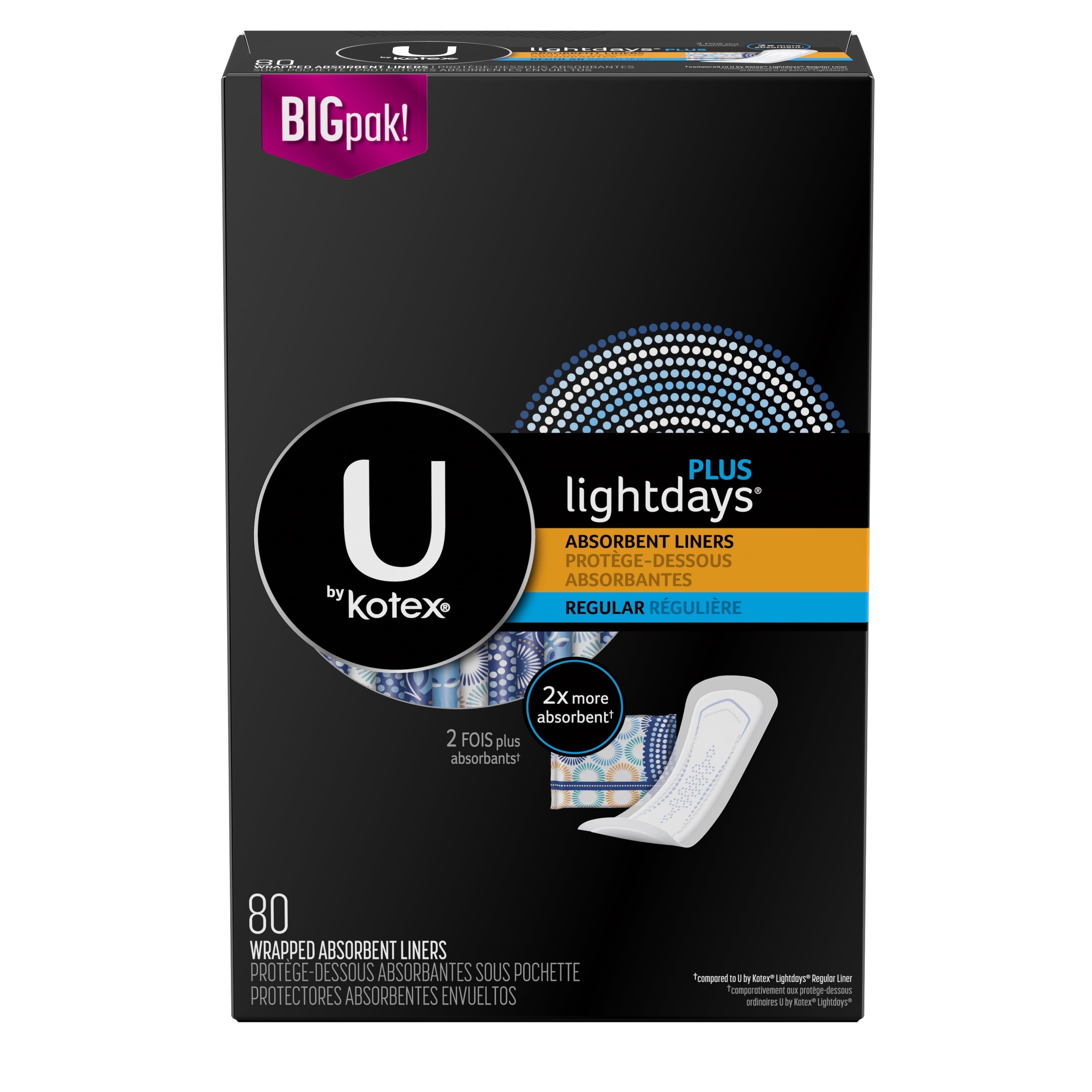 U by Kotex Lightdays Plus Liners, Regular, Unscented, 80 Count