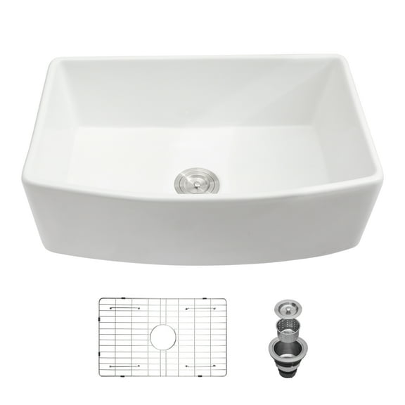 Kitchen Sink White Farmhouse Sink - 30 inch White Kitchen Sink Ceramic Arch Edge Apron Front Single Bowl Farm Kitchen Sinks,Stainless Steel Kitchen Sink