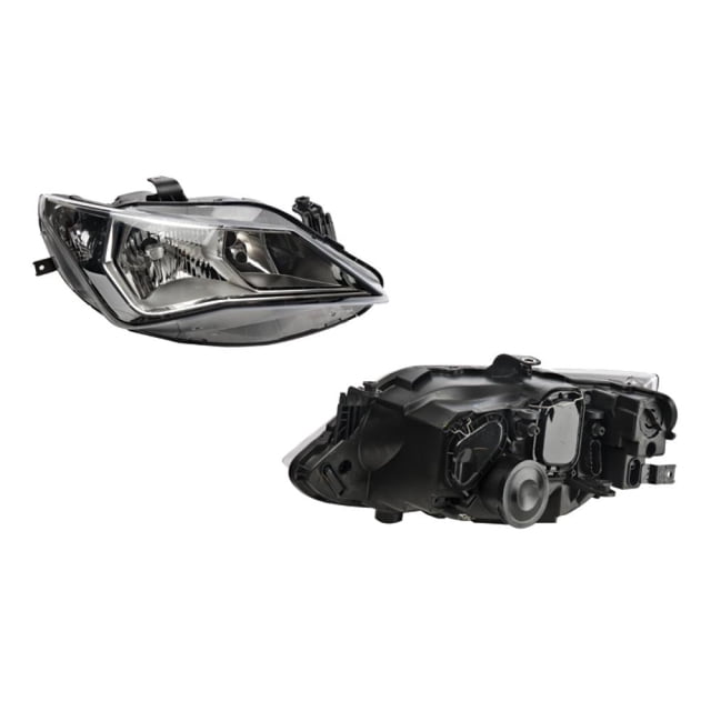 faro depo seat ibiza 2013 - 2016 copiloto faro derecho DEPO para Seat Ibiza 2013-2016, vista frontal y posterior sobre fondo blanco; carcasa con fondo cromado y dos focos visibles, lente transparente, conectores y soporte de montaje expuestos; suele utilizarse como reemplazo de la unidad copiloto.
