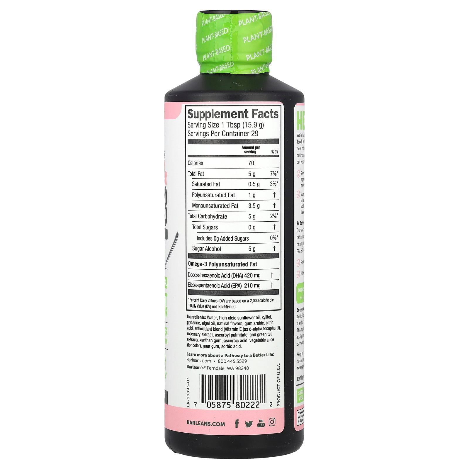 Barlean's Seriously Delicious®, Plant Based Omega-3 From Algae Oil, Pink Lemonade, 630 mg, 16 oz (454 g)