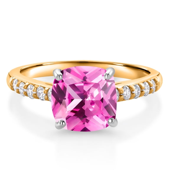 Gem Stone King 10K Yellow Gold Pink Created Sapphire and White Lab Grown Diamond Engagement Ring for Women (2.95 Cttw, Cushion 8MM, Gemstone September Birthstone, Size 8)